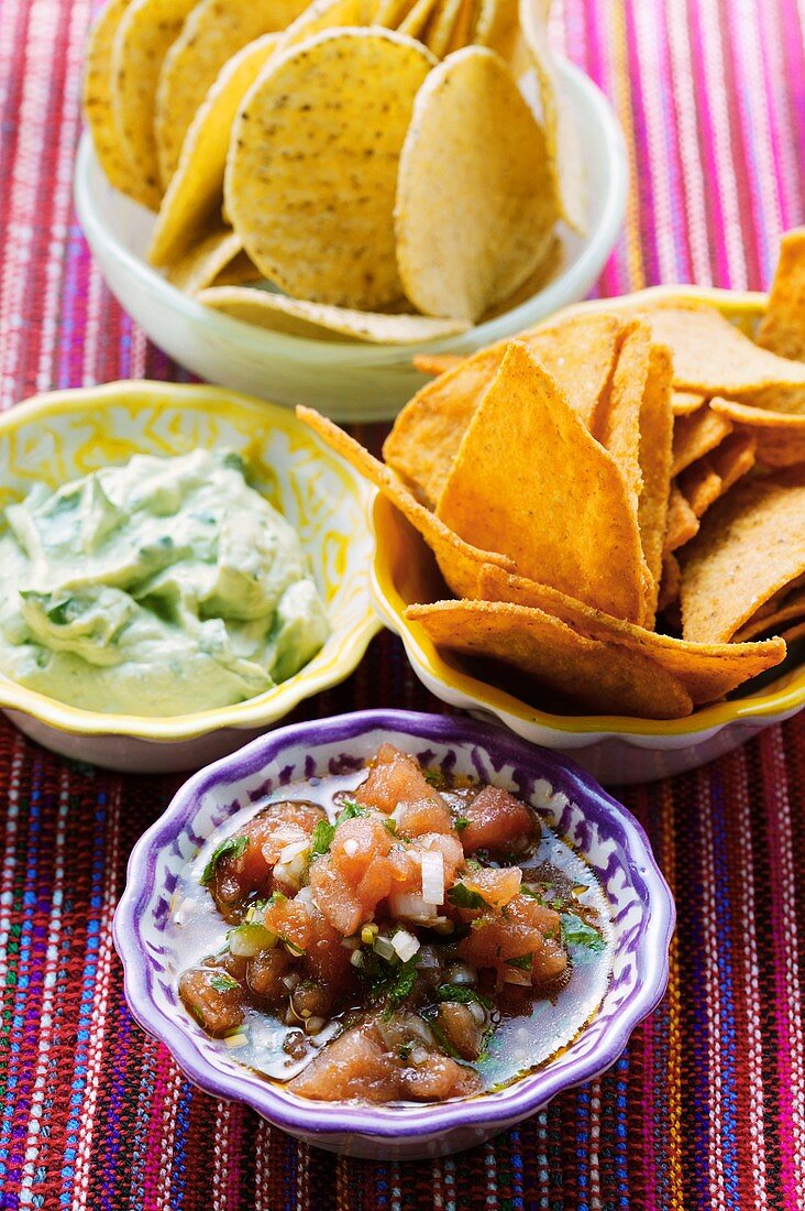 Guacamole, Tomatensalsa und Tortillachips