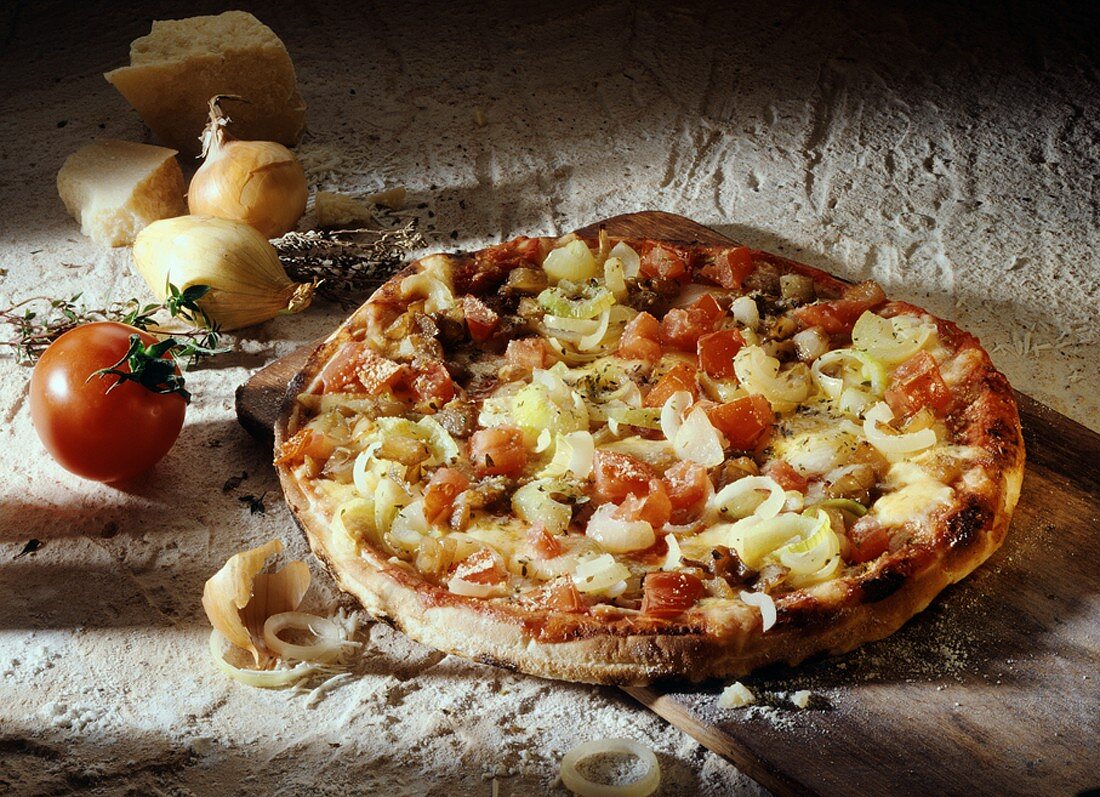 Pizza with cheese, onions and tomatoes