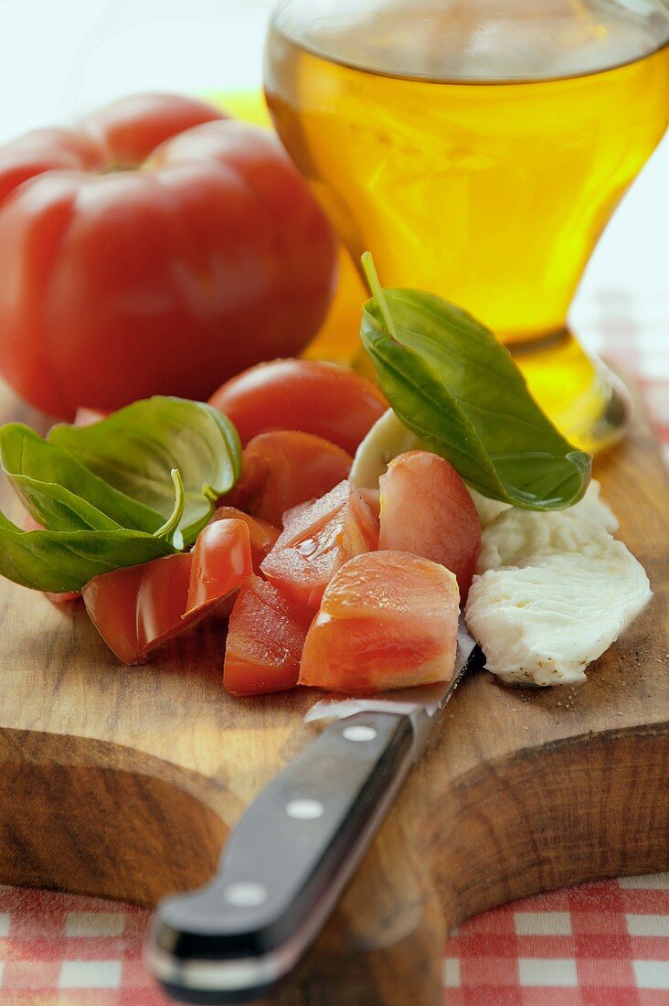 Still life with tomatoes, mozzarella, basil and olive oil