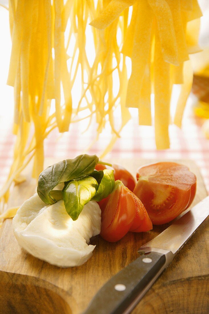 Still life with tomatoes, mozzarella, basil and pasta