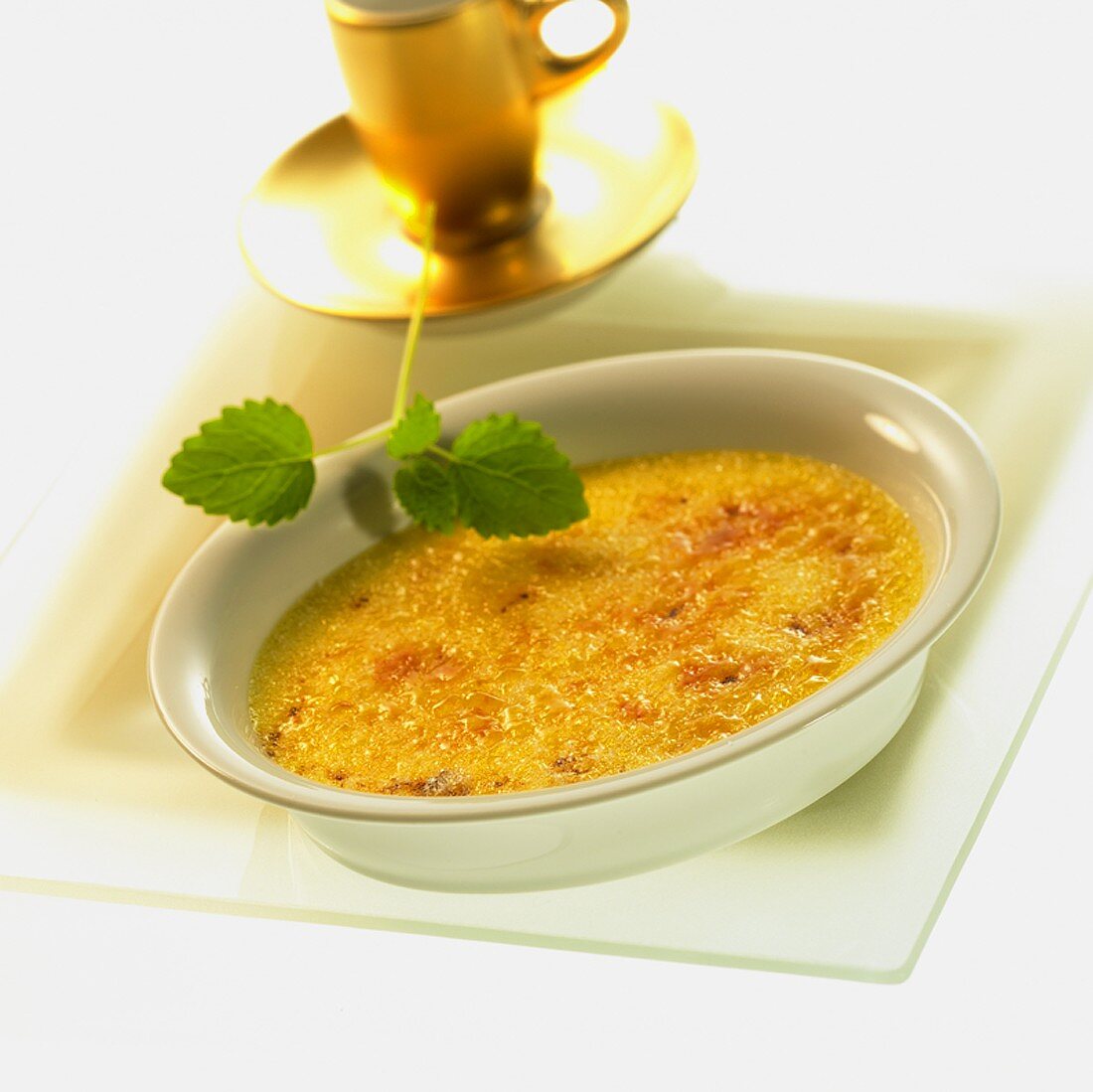 Crème brulee in white bowl