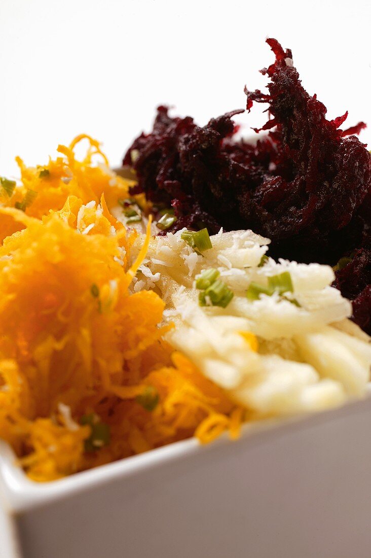Raw vegetable salad: grated carrots, celery and beetroot
