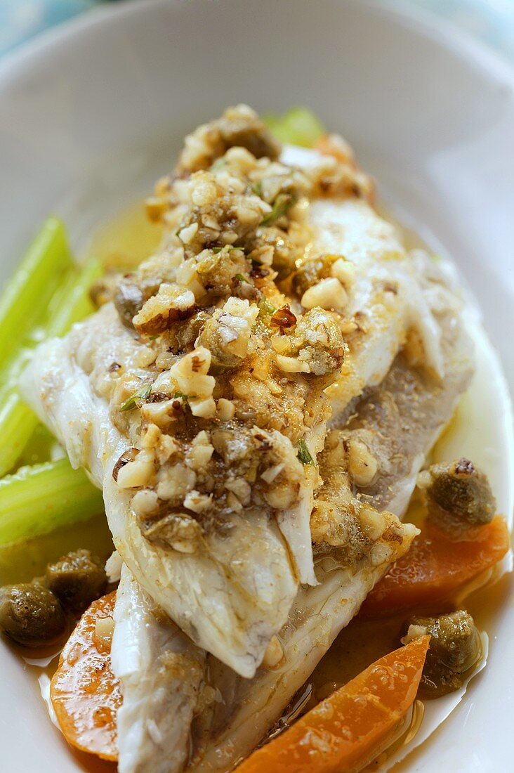 Sea bass with nut butter, celery and carrots