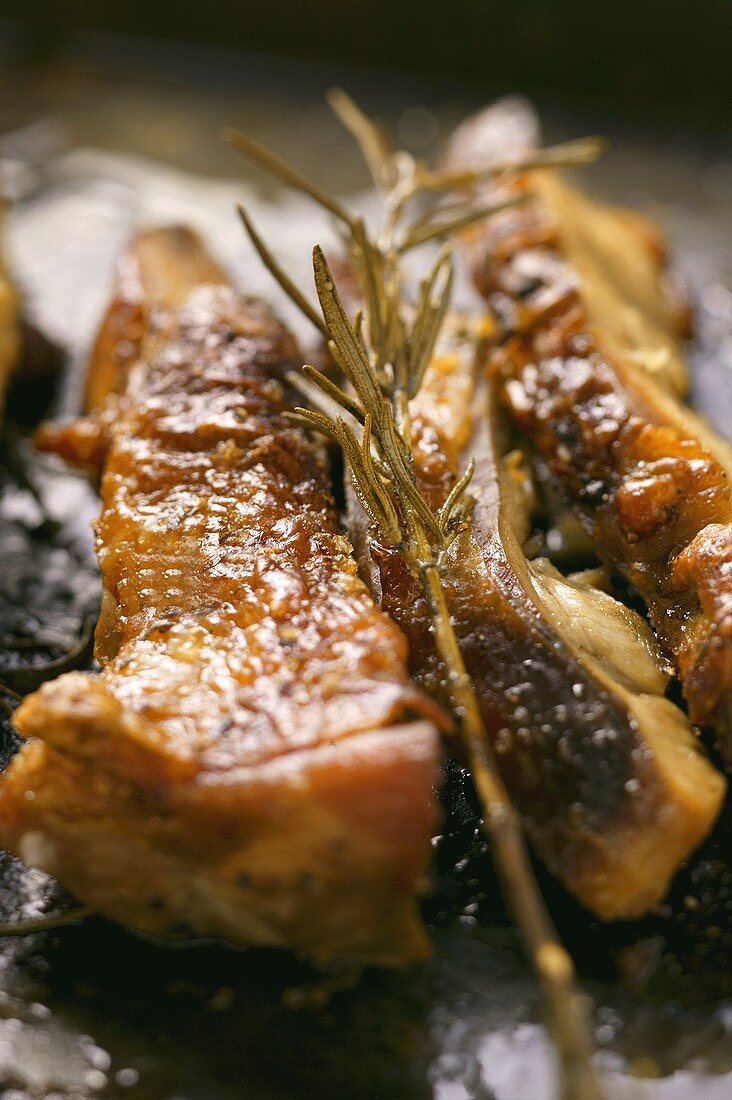 Crispy roast turkey pieces on baking tray