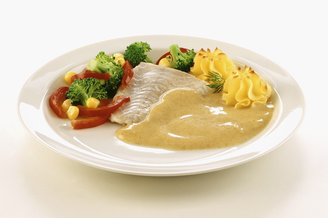 Fish fillet with mustard sauce, vegetables and duchess potatoes