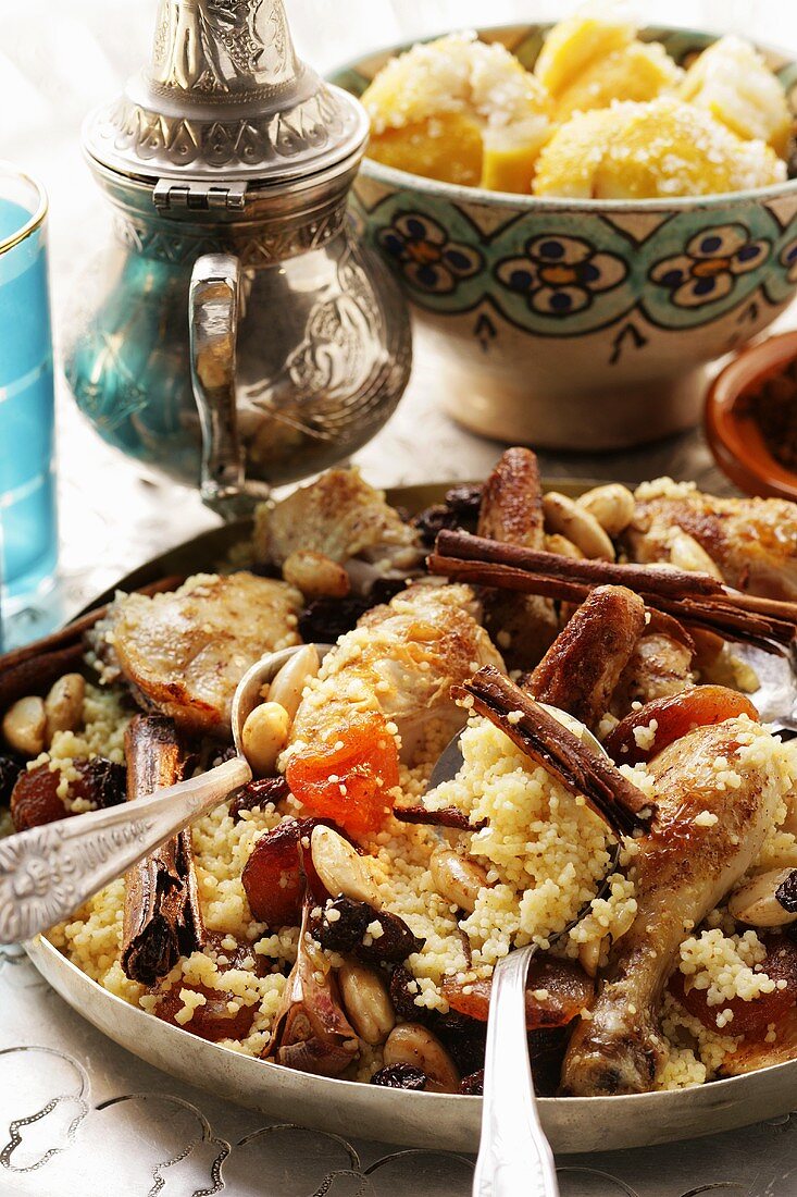 Couscous with chicken, dried fruit, almonds and cinnamon