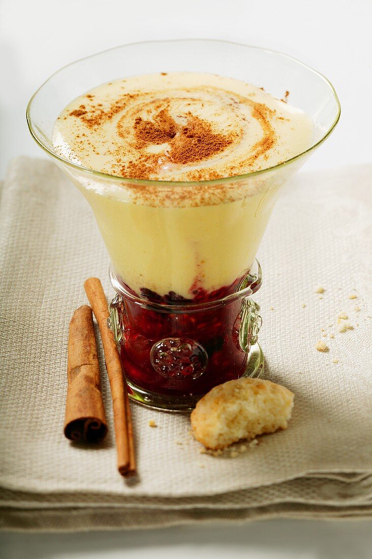 Raspberry compote, Madeira cream & cinnamon in glass; amaretti