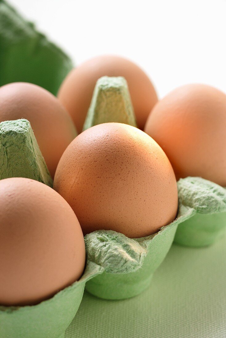 Brown eggs in green egg box