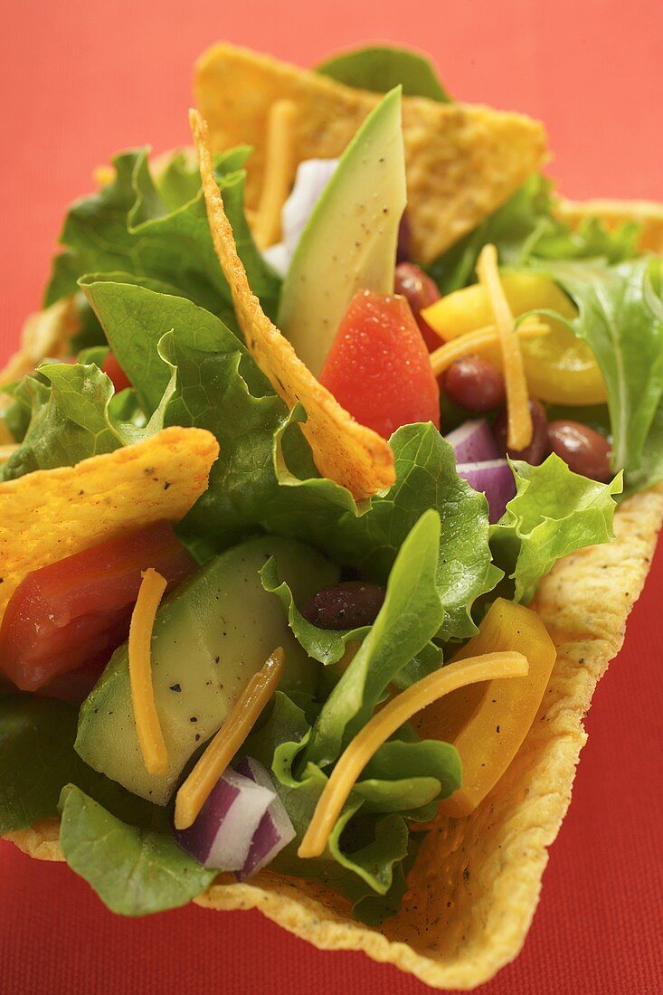 Mexican salad with vegetables and taco chips in taco shell