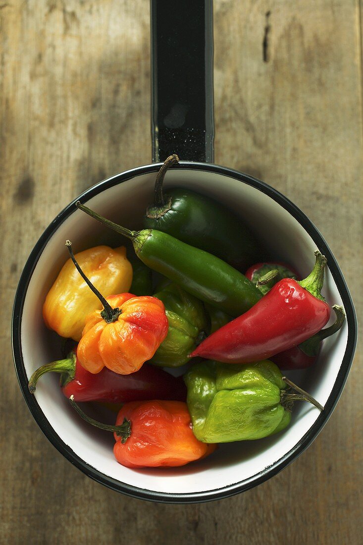 Various chili peppers in pan