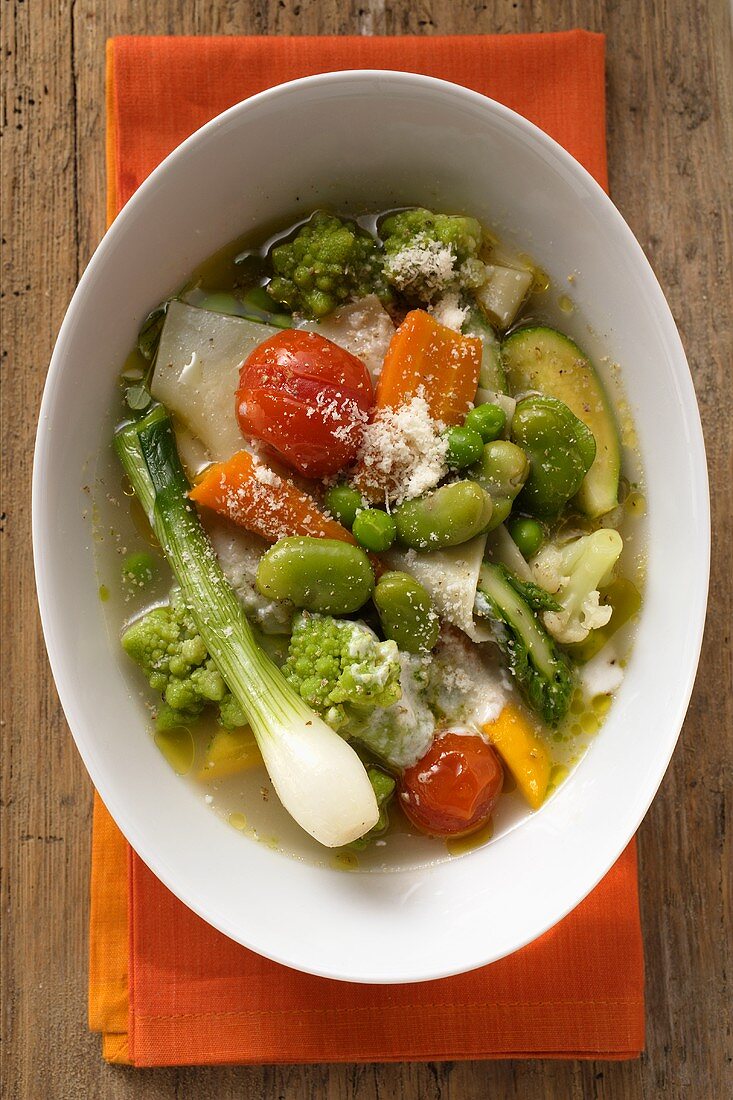 Minestrone with noodles and Parmesan