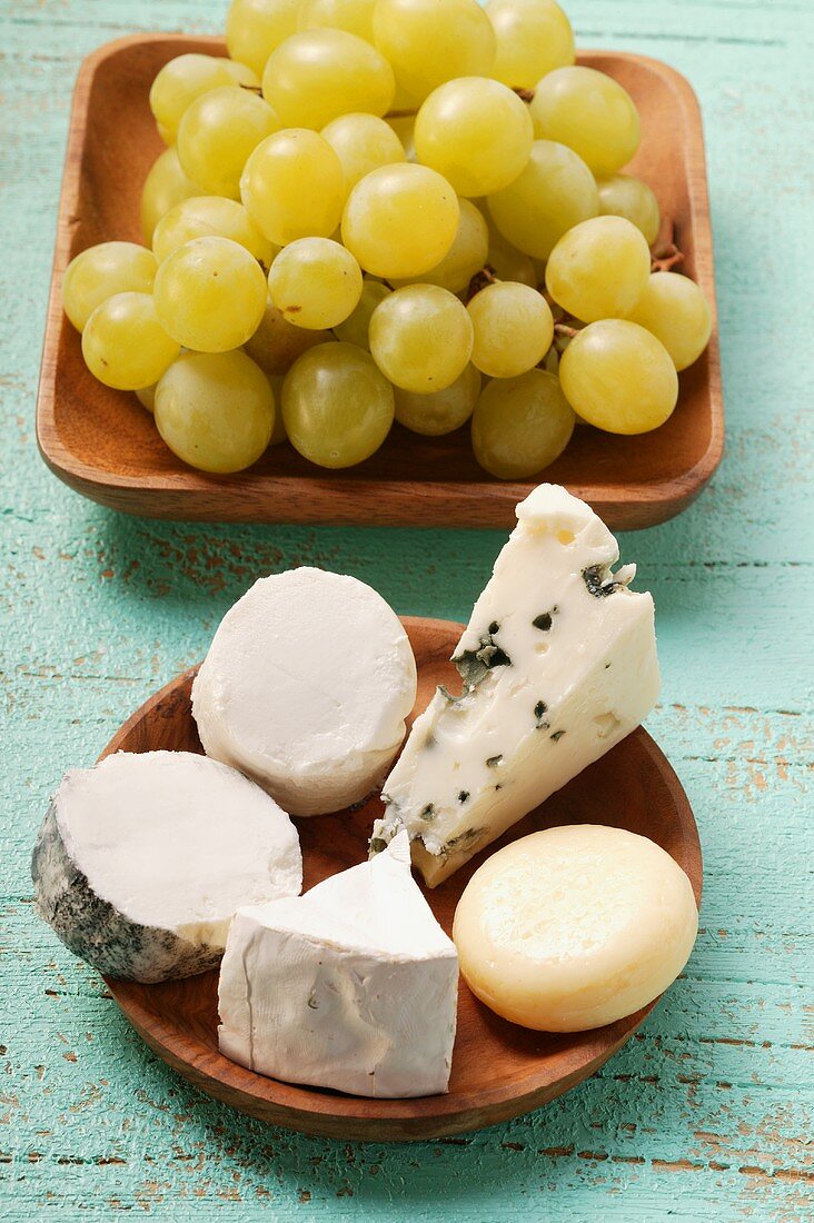 Selection of cheeses and green grapes