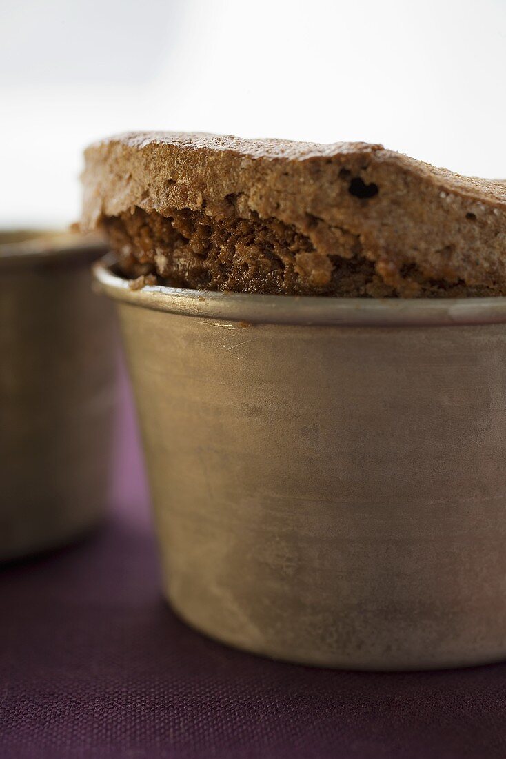 Chocolate soufflé in baking dish