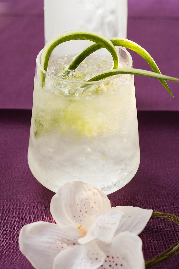 Refreshing cucumber drink with ice cubes