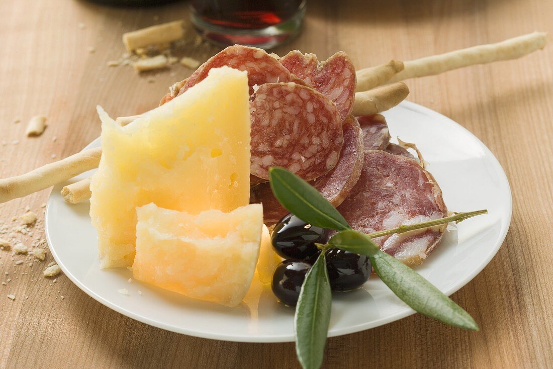 Salami, Käse, Oliven und Grissini auf Teller