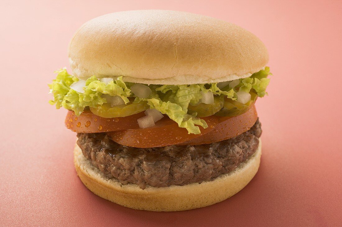Hamburger with tomato, gherkin, onion and lettuce