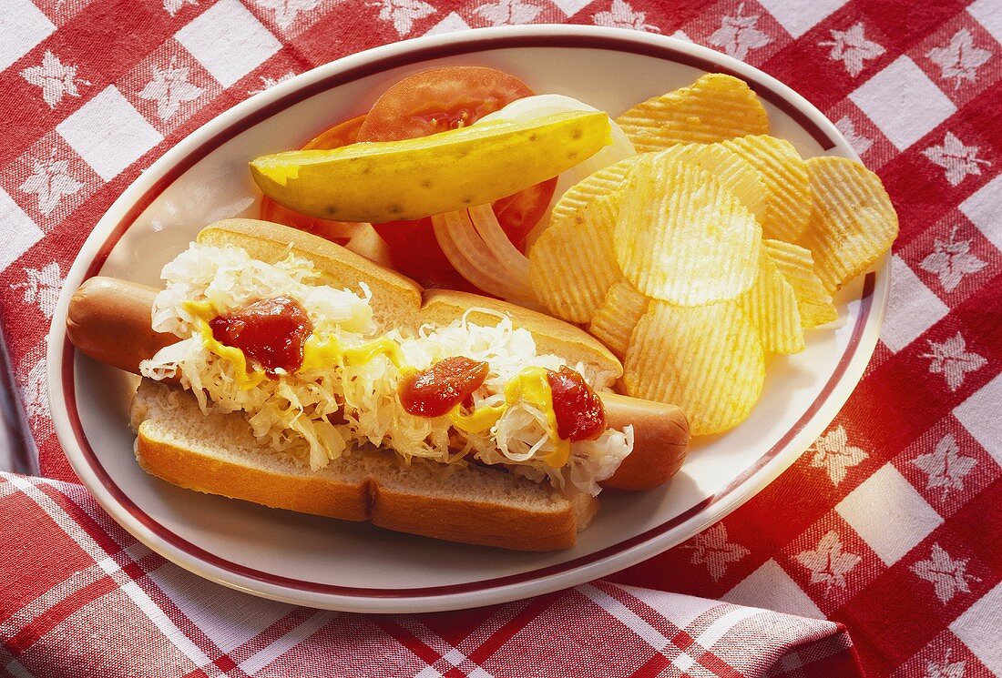 Hot Dog mit Chips & Kraut