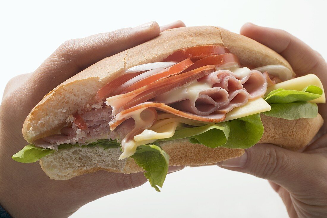 Hands holding ham and cheese sub sandwich