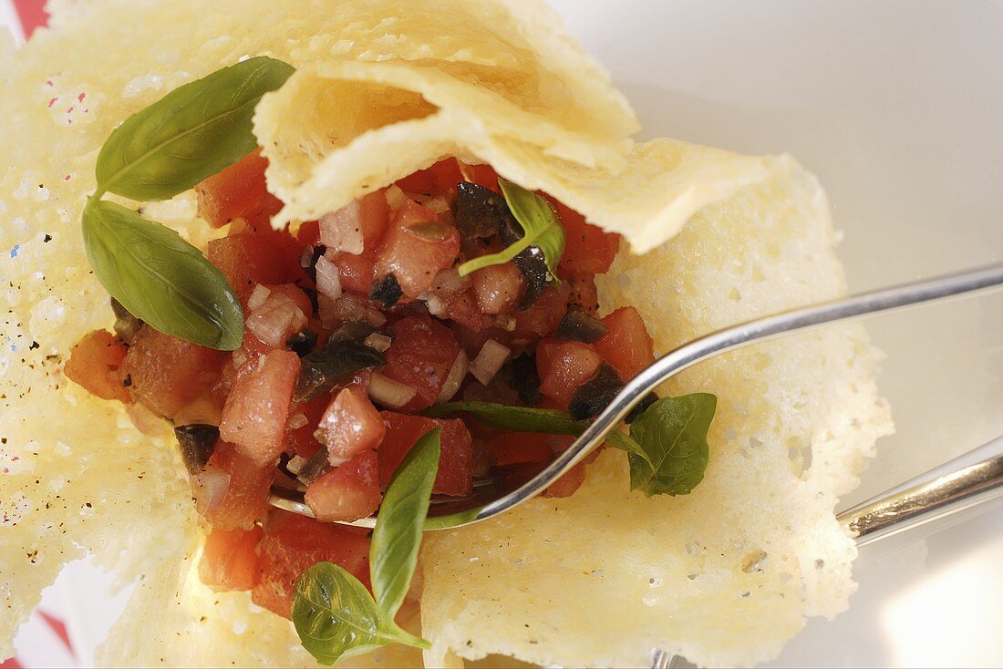 Tomato salsa in Parmesan wafer