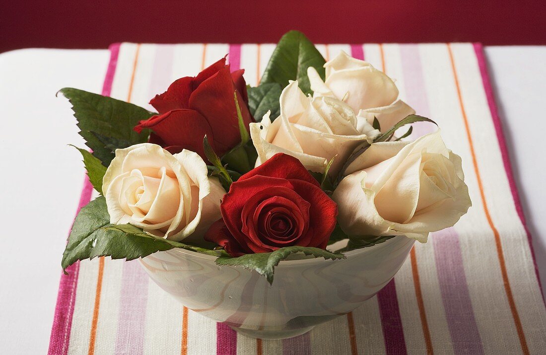 Rosen in Schale auf gestreiftem Tischtuch