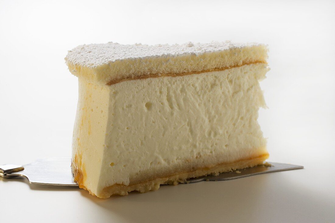 Piece of cream cheesecake on cake slice