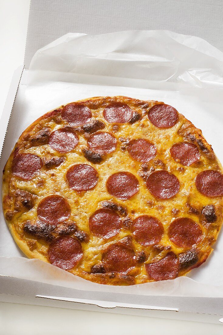 Ganze Pizza mit Salami und Käse im Pizzakarton