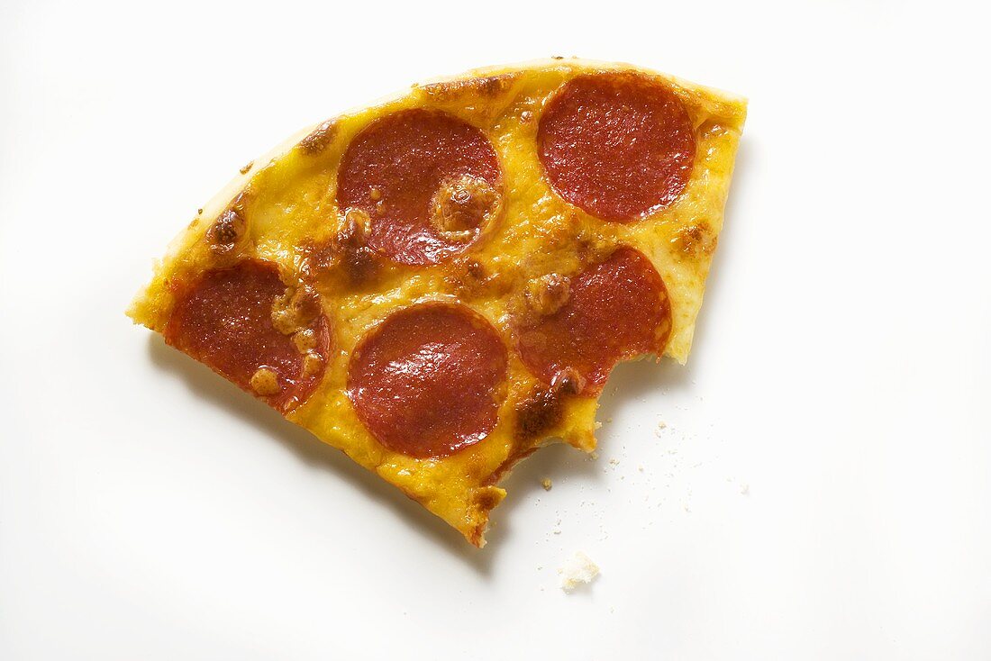 Piece of salami and cheese pizza, bites taken