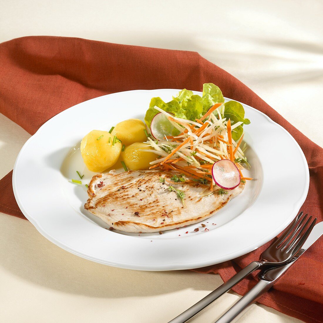 Turkey escalopes with boiled potatoes and salad