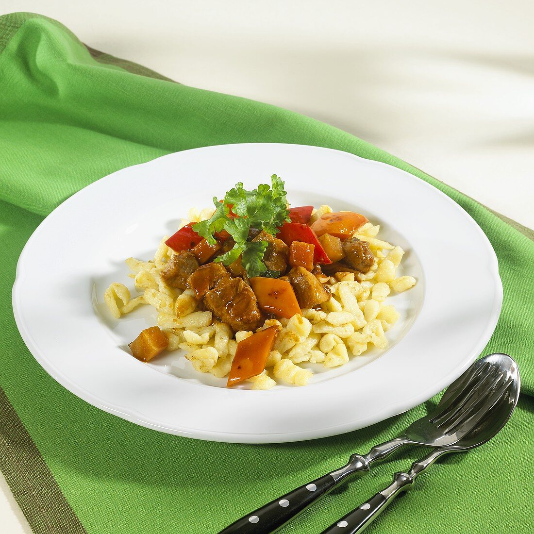 Goulash with peppers and spaetzle noodles