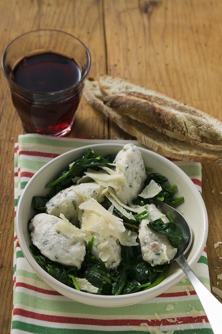 Ricotta & mortadella gnocchi with spinach & Parmesan, red wine