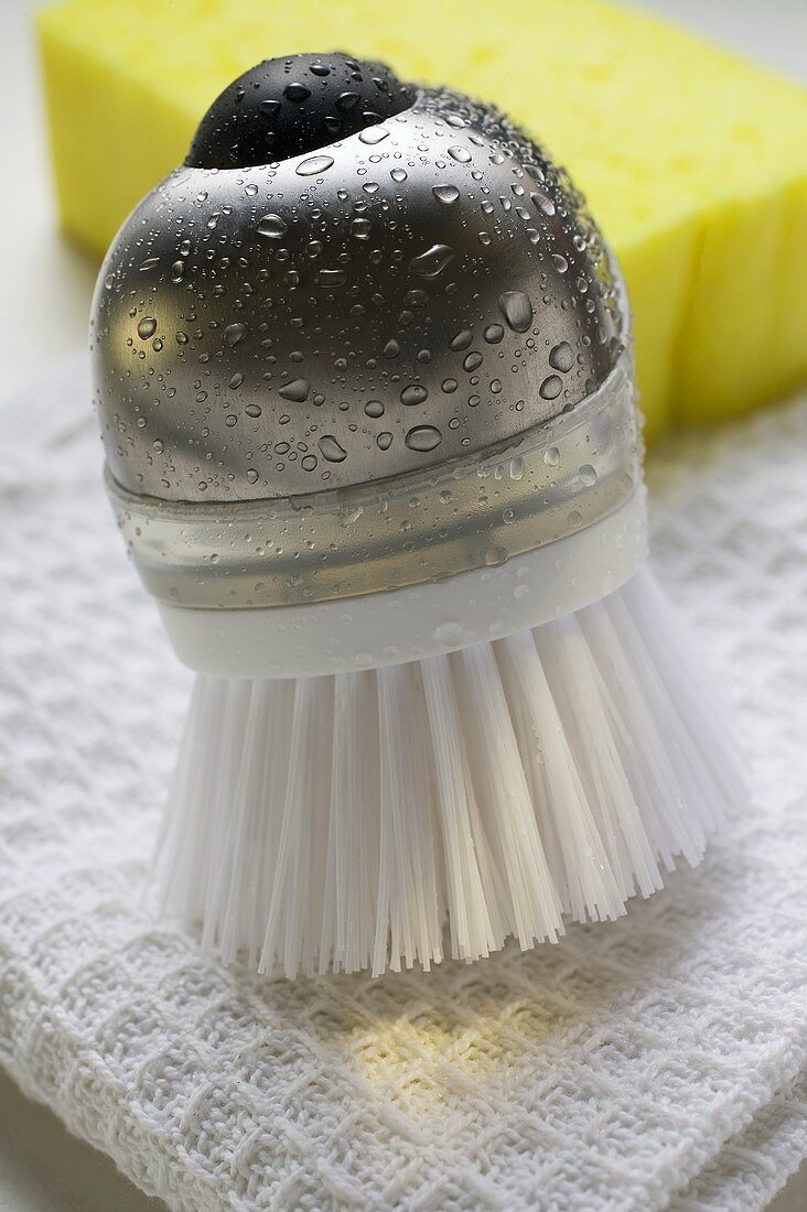 Brush with drops of water, tea towel and sponge