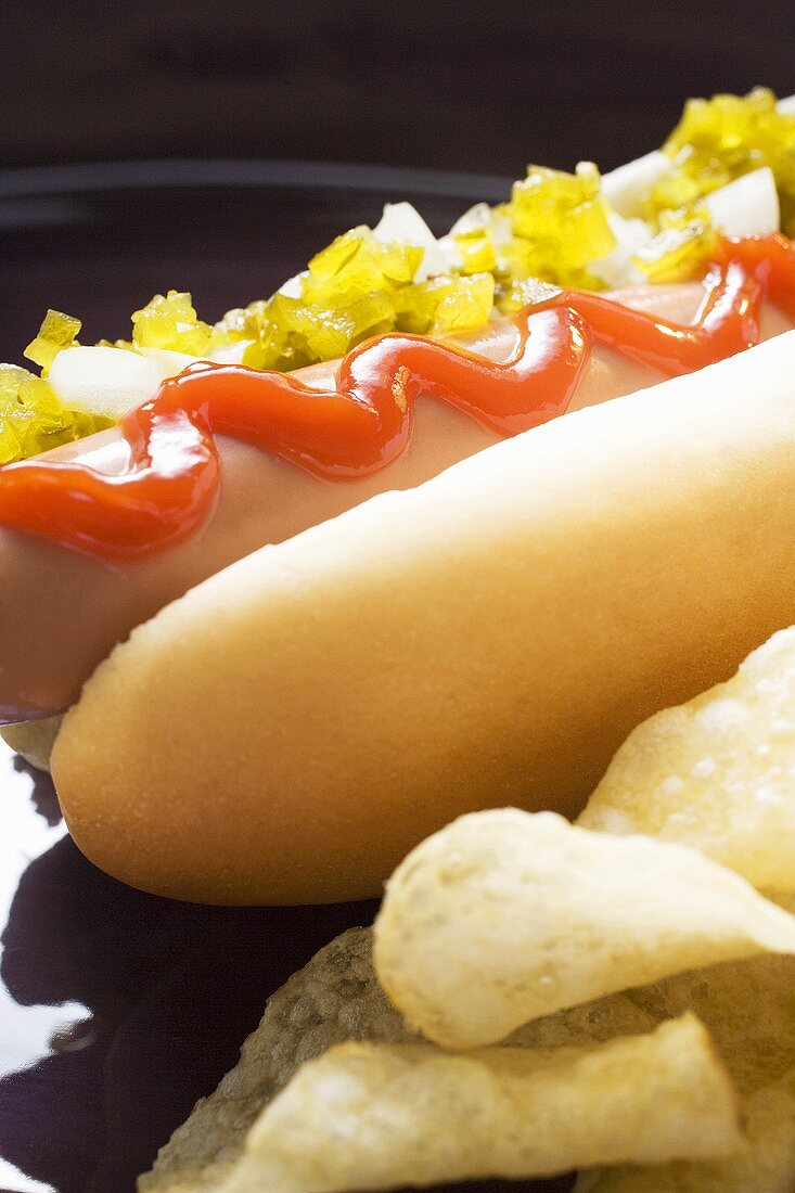 Hot Dog mit Relish, Ketchup, Zwiebeln und Chips