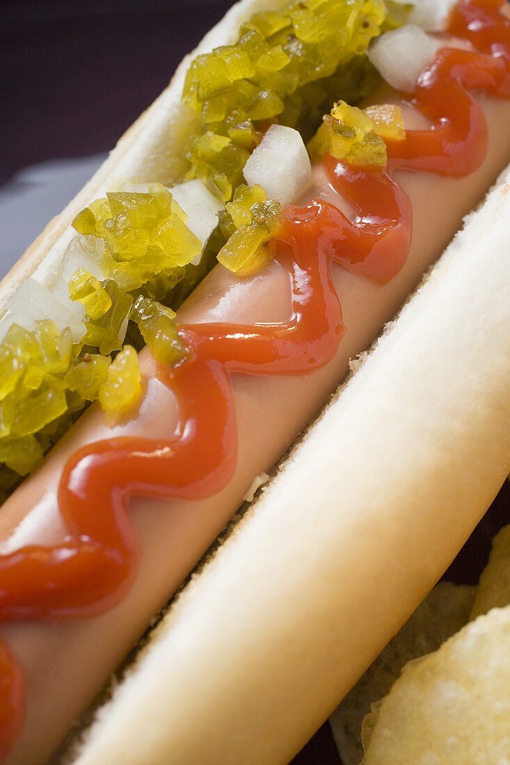 Hot dog with relish, ketchup, onions and crisps