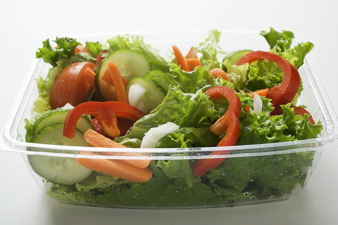 Blattsalat mit Gurken, Tomaten, Möhren, Paprika zum Mitnehmen