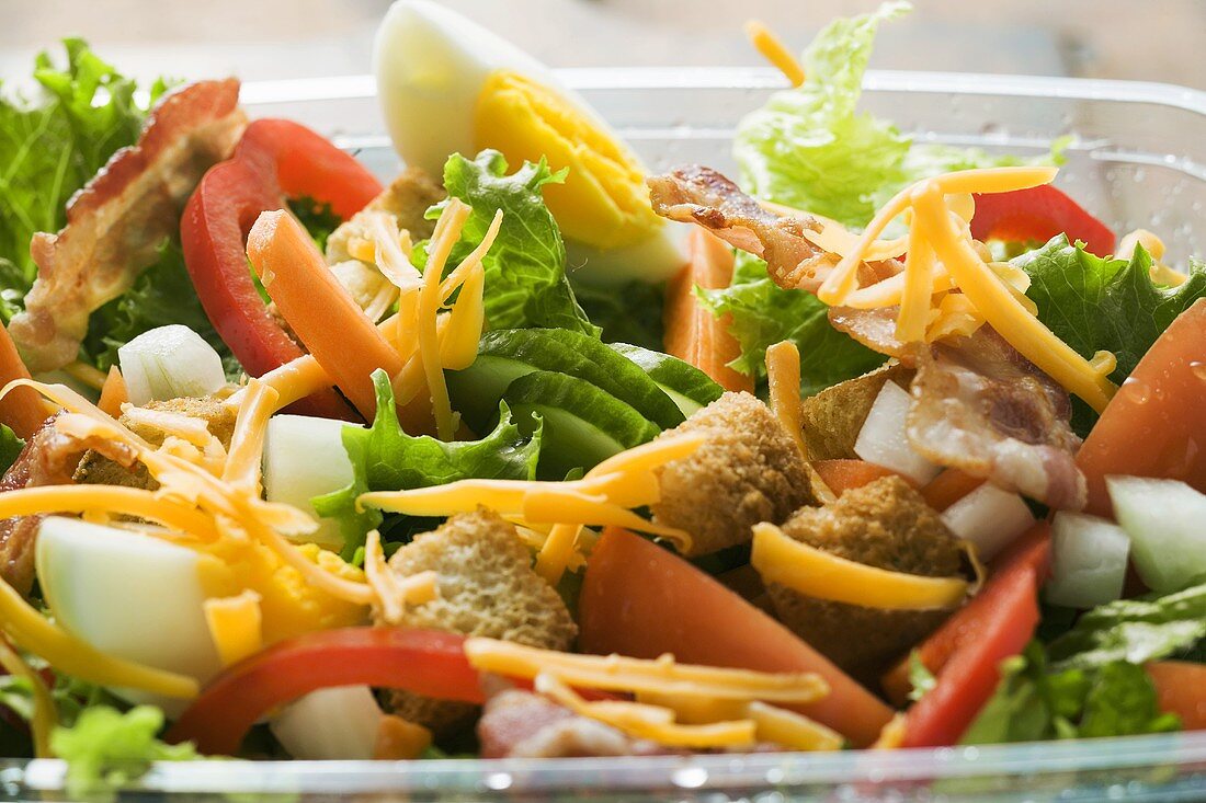 Blattsalat mit Gemüse, Ei, Käse und Bacon zum Mitnehmen