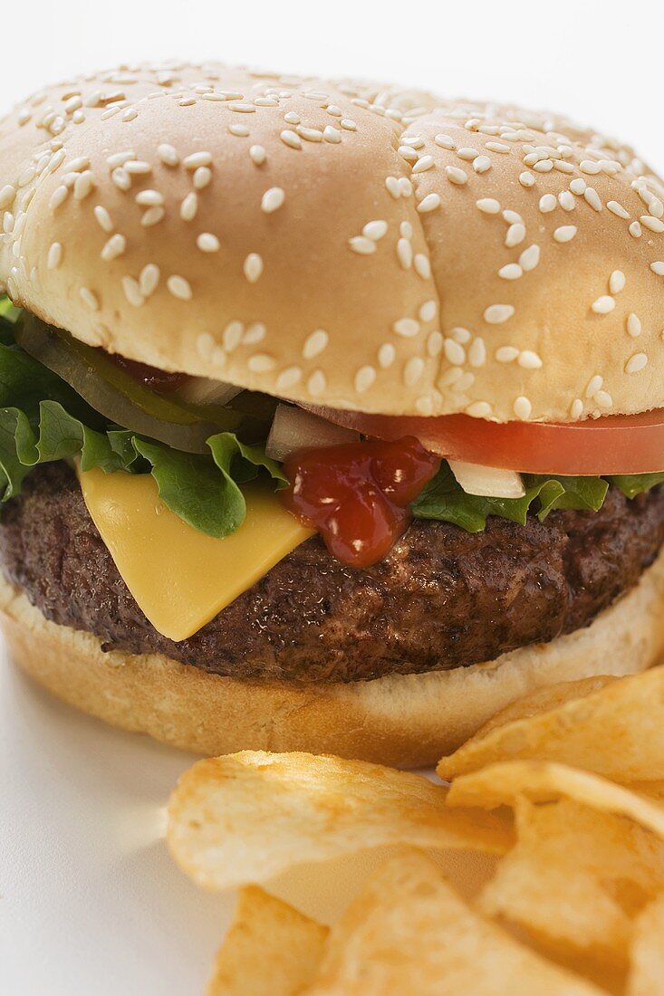 Cheeseburger with potato crisps