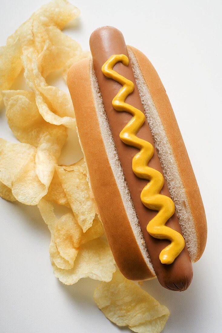 Hot Dog mit Senf und Kartoffelchips