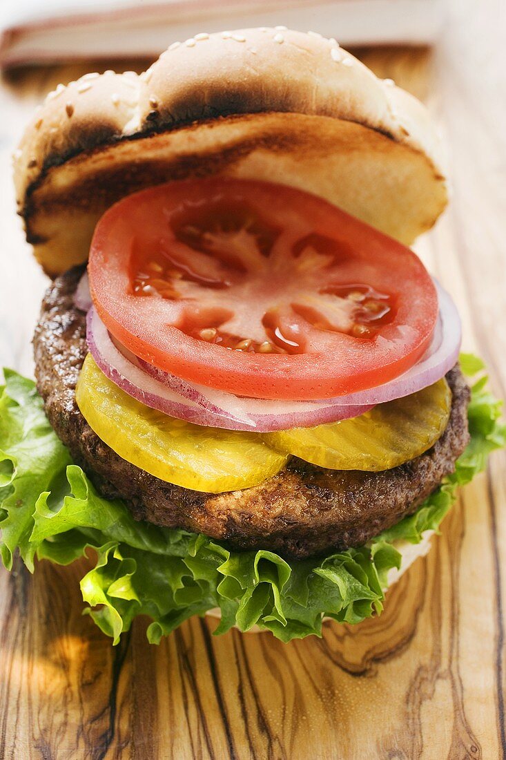 Home-made hamburger with gherkins, onions, tomato