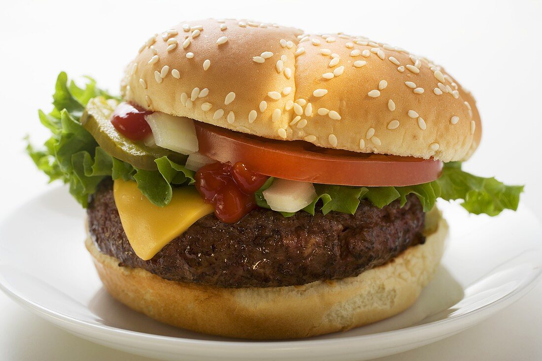 Cheeseburger mit Tomate, Zwiebeln, Ketchup und Essiggurke