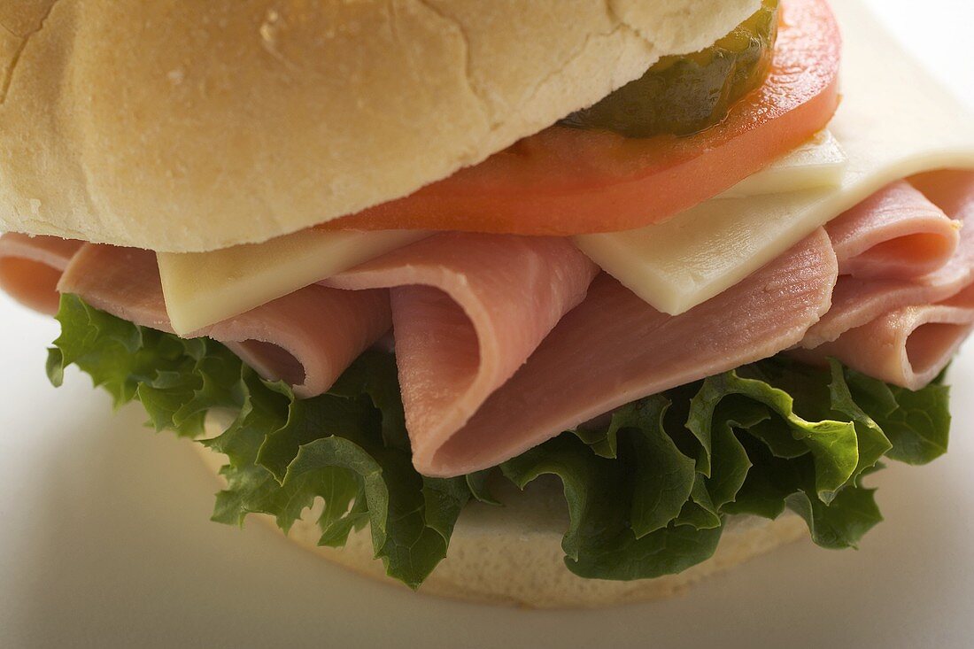 Ham, cheese, tomato and gherkin in kaiser roll