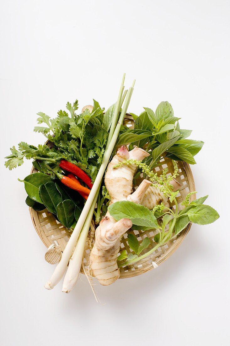 Fresh Thai herbs and spices in basket