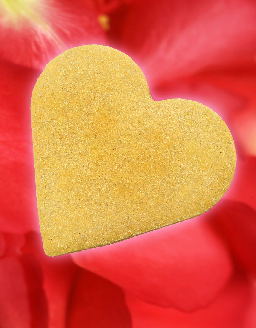 Shortbread cookie on rose petals for Valentine’s Day