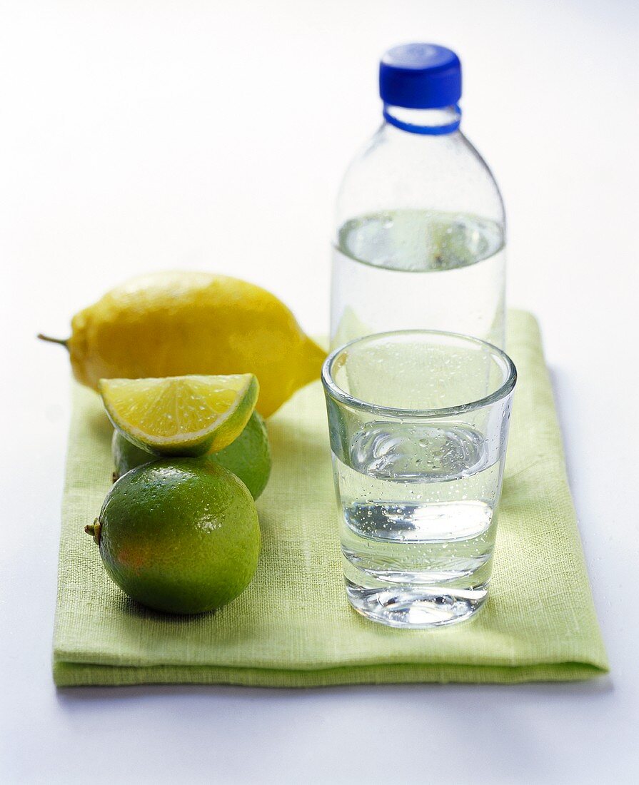 Mineral water in bottle and glass beside lemon and limes