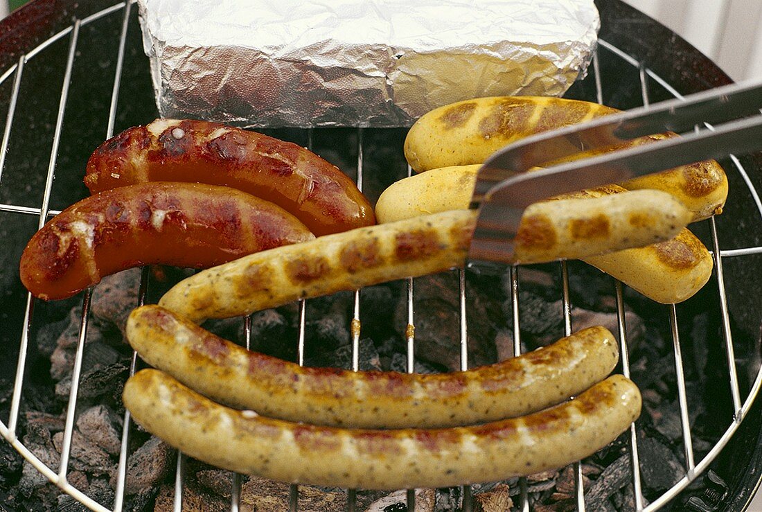 Sausages, Käsekrainer (with cheese) & chicken sausages on grill