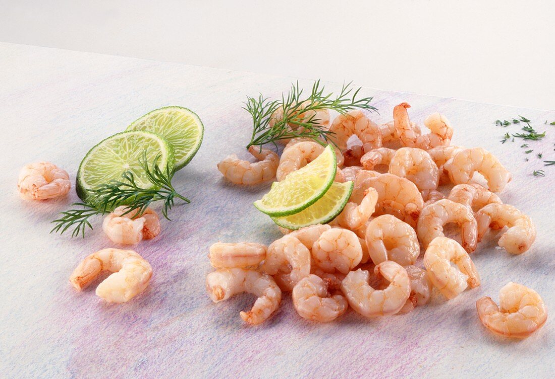 Shrimps, slices of lime and dill