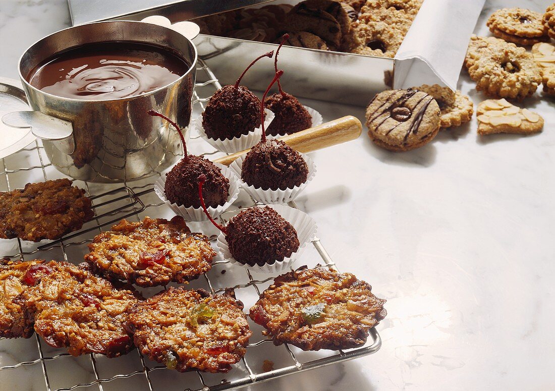 Pralines; Cookies and Chocolate Covered Cherries with Ingredients