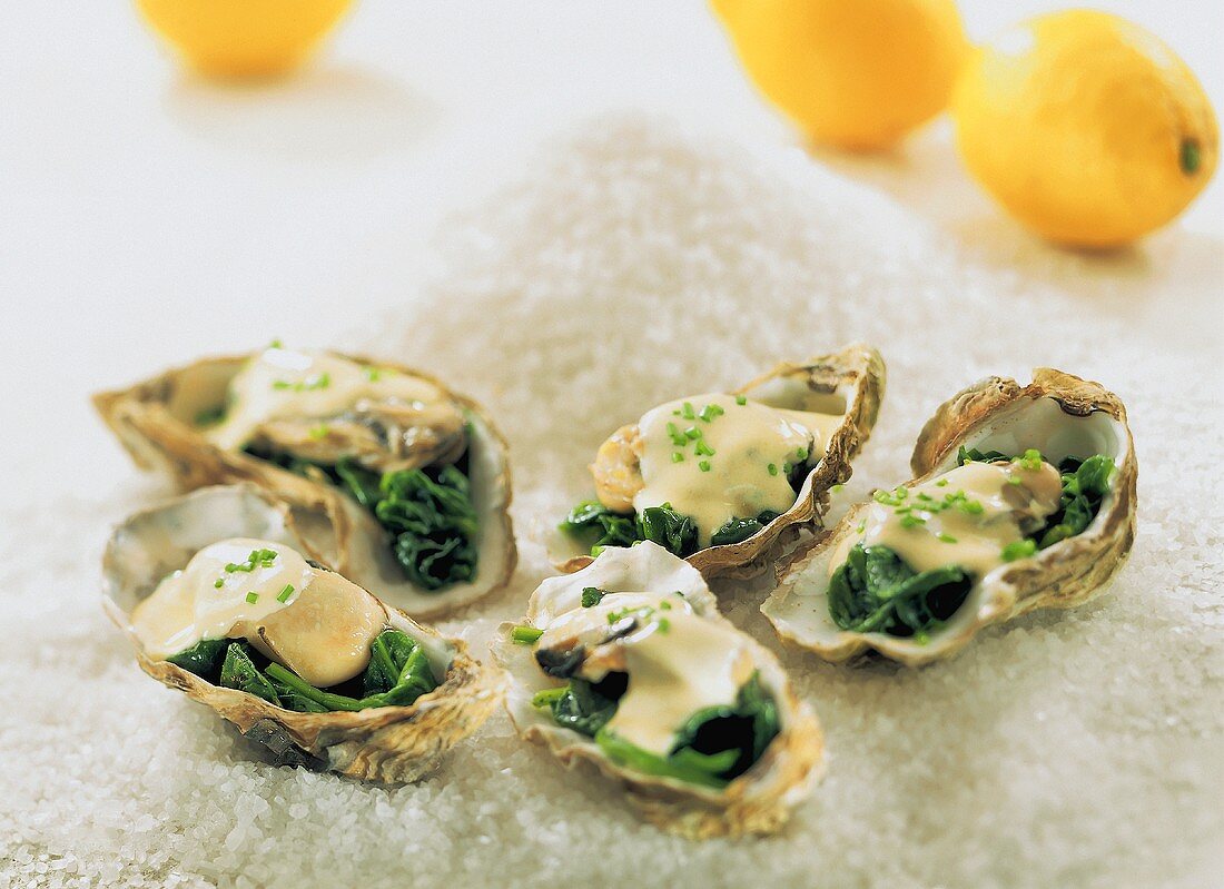 Fünf Austern mit Spinat und … – Bild kaufen – 931284 Image Professionals