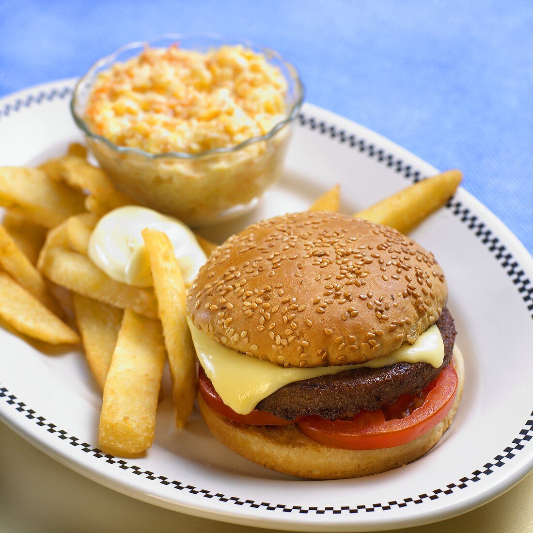 Vegetarian hamburger with chips and coleslaw