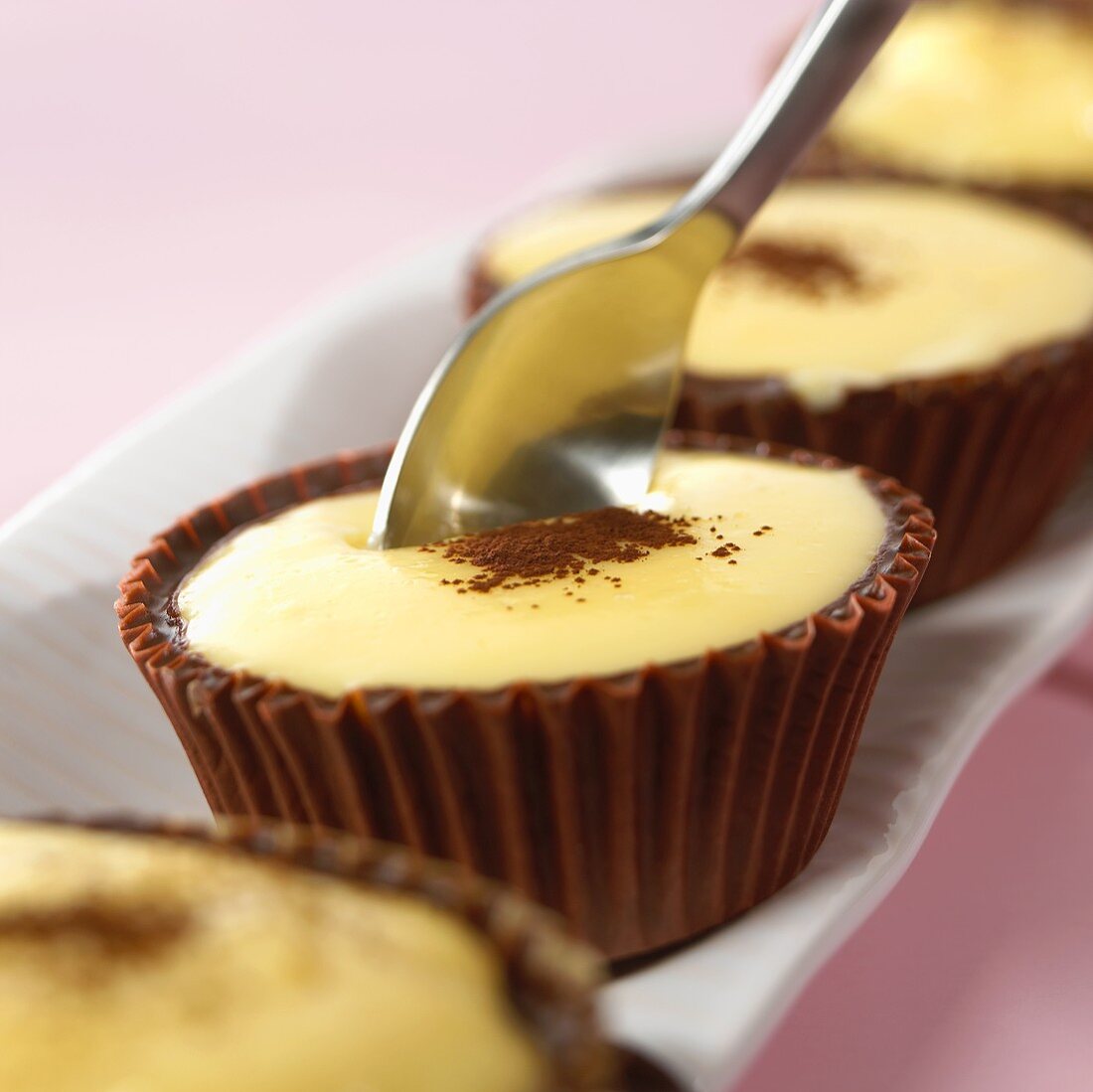 Vanilla blancmange in chocolate case, a spoonful being taken