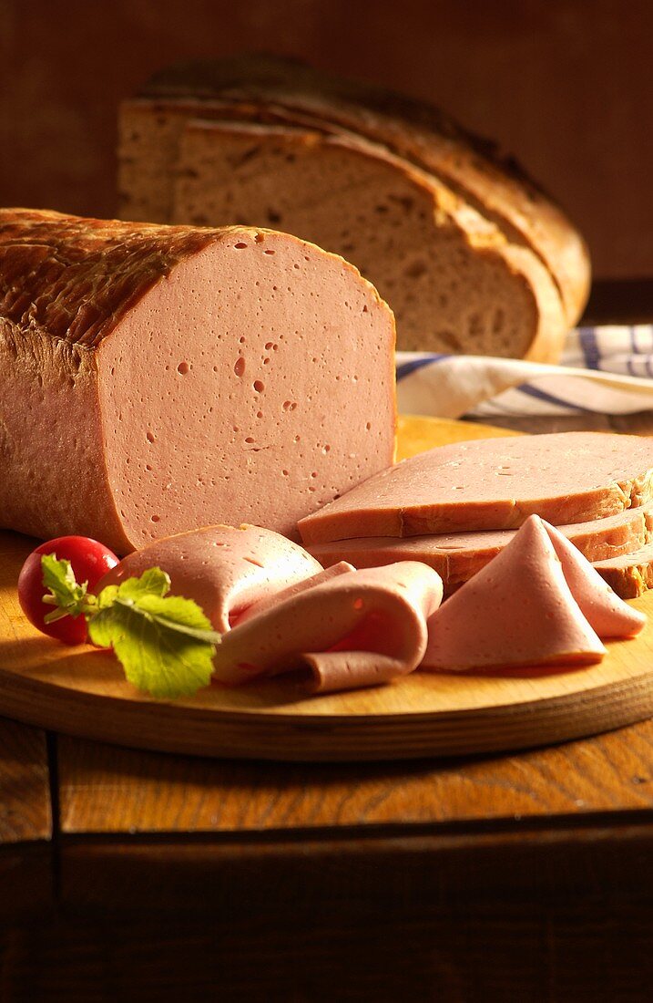 Leberkäse (meat loaf), whole and sliced
